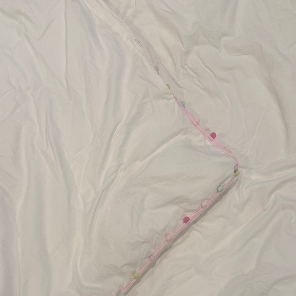 Pottery Barn Kids White Duvet Cover with Multicolor Pastel Pom-Pom Trim